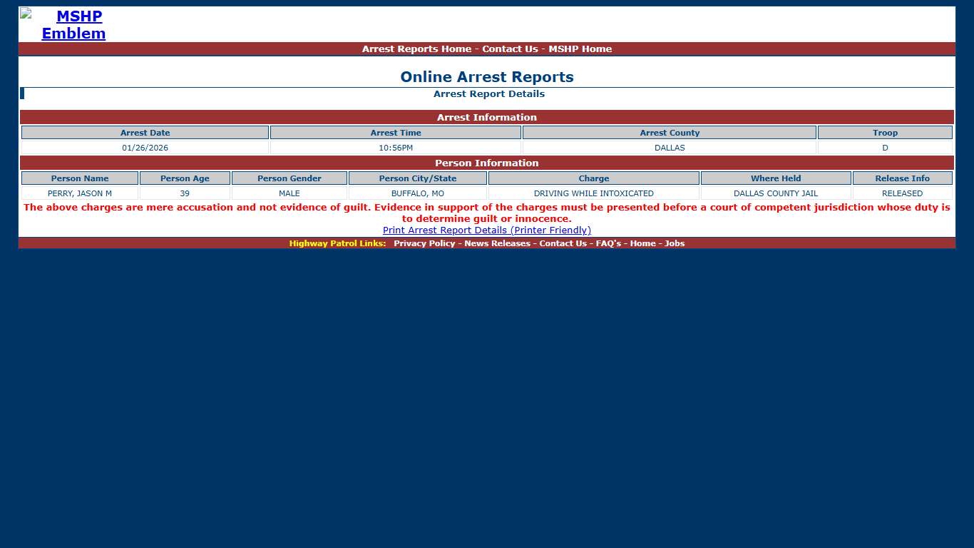 Missouri State Highway Patrol - Arrest Report Details